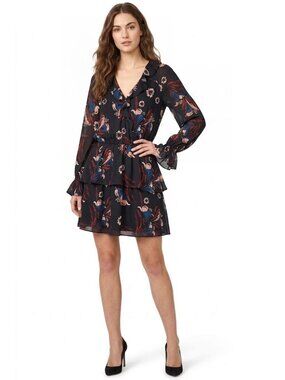 Joie Nour Floral Tiered Ruffle Silk A-Line Dress Black & Multi Womens Size Small